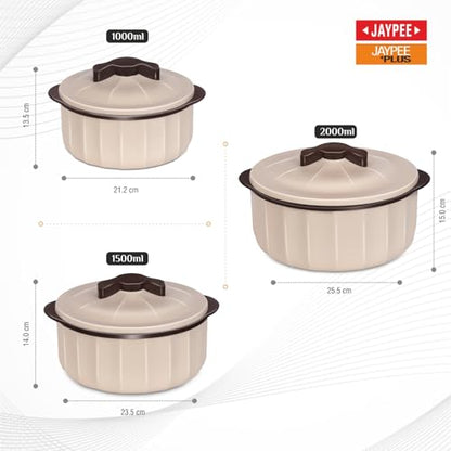 JAYPEE Micro Smart Inner Stainless Steel Serving Casserole Set of 3 (1000,1500,2000 ml) with Stylish Design |Microwave Safe |Lockable Lid |Hot Pot |BPA free, Swiss Coffee|B0F4DQZM4Z