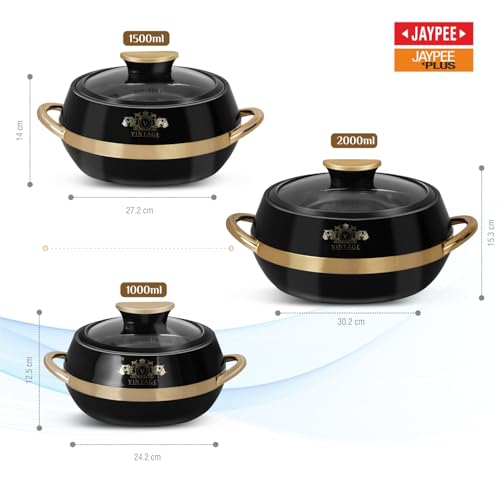 JAYPEE Vintage Inner Stainless Steel Casserole Set of 3 with Lockable Lid |1000+1500+2000 ml |BPA Free Insulated Casserole Set |Food Grade Serving Set |Ideal for Chapati,Warm & Fresh Food,Black|B09QST6FTX