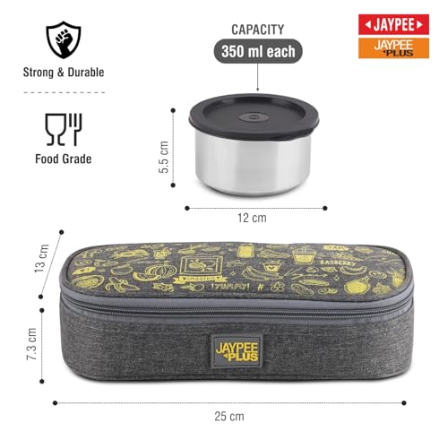 Jaypee Plus Magicseal Stainless Steel 2 Container Office Lunch Box 350 ml Each with Steel Dish & Insulated Washable Bag Spillproof Leakproof Lunch Box for Man & Women Airtight Tiffin Box,Grey|B0GGJR9HX5