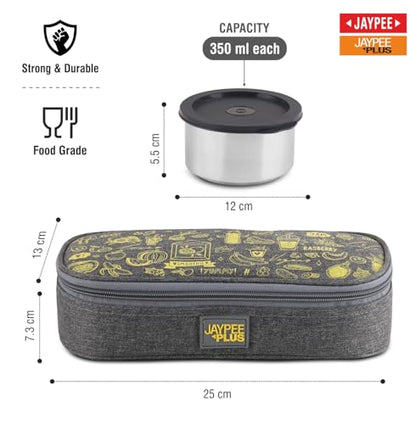 Jaypee Plus Magicseal Stainless Steel 2 Container Office Lunch Box 350 ml Each with Steel Dish & Insulated Washable Bag Spillproof Leakproof Lunch Box for Man & Women Airtight Tiffin Box,Grey|B0GGJR9HX5