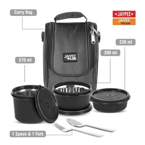 Jaypee Plus Homely 1190 ml Stainless Steel Office Lunch Box | BPA Free & Microwave Safe | 3 Spillproof Airtight Containers | Includes Spoon, Fork & Insulated Bag | Ideal for College & School (Black)|B0DDY67NFW