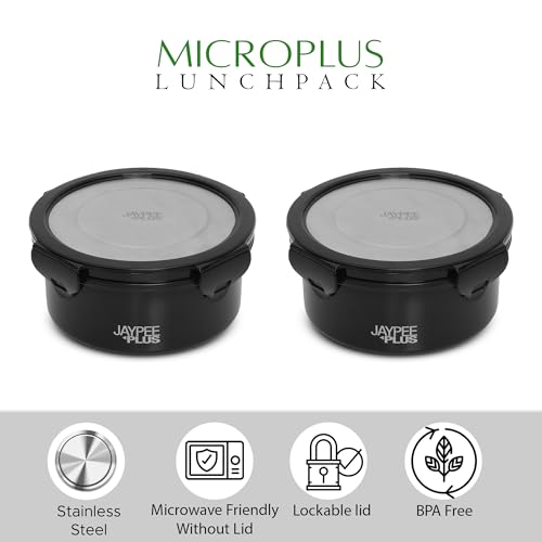 Jaypee Plus Microplus 400 ml Each Stainless Steel Office Lunch Box | BPA Free, Microwave Safe & Spillproof Airtight 2 Containers | Including Insulated Bag | Ideal for College & School (Black)|B0DC4GDX6F