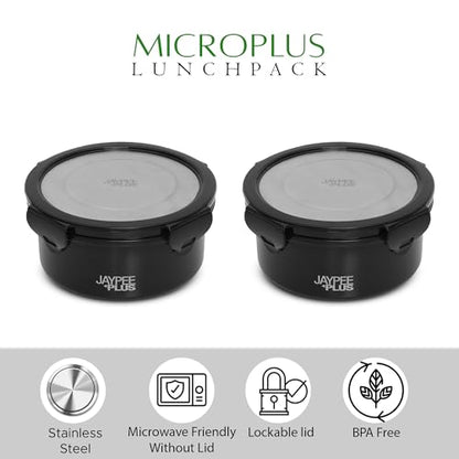 Jaypee Plus Microplus 400 ml Each Stainless Steel Office Lunch Box | BPA Free, Microwave Safe & Spillproof Airtight 2 Containers | Including Insulated Bag | Ideal for College & School (Black)|B0DC4GDX6F