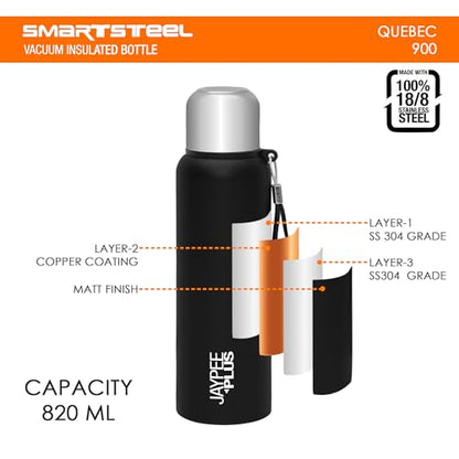 Jaypee Plus Quebec 304 Stainless Steel Double Wall Thermosteel Vaccum Insulated 24 Hours Hot and Cold Water Bottle |Leakproof Flask|Ideal for School, Office & Travel - 820 ml, (Black)|B08B1M7K6V