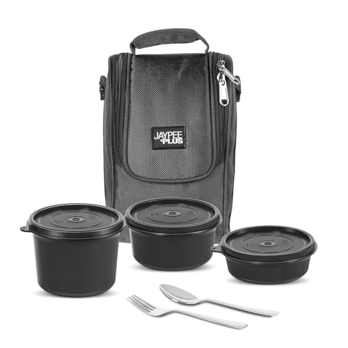 Jaypee Plus Homely 1190 ml Stainless Steel Office Lunch Box | BPA Free & Microwave Safe | 3 Spillproof Airtight Containers | Includes Spoon, Fork & Insulated Bag | Ideal for College & School (Black)|B0DDY67NFW