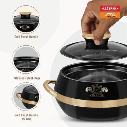 JAYPEE Vintage Inner Stainless Steel Casserole Set of 3 with Lockable Lid |1000+1500+2000 ml |BPA Free Insulated Casserole Set |Food Grade Serving Set |Ideal for Chapati,Warm & Fresh Food,Black|B09QST6FTX