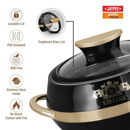 JAYPEE Vintage Inner Stainless Steel Casserole Set of 3 with Lockable Lid |1000+1500+2000 ml |BPA Free Insulated Casserole Set |Food Grade Serving Set |Ideal for Chapati,Warm & Fresh Food,Black|B09QST6FTX