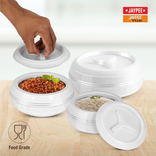 JAYPEE Teen Bhoj Inner Stainless Steel Casserole Set of 3|Lockable Lid|BPA Free|Roti Box|Easy to Carry|Food Grade| Rust Free Casserole for roti 1200,1500,2500 ml| Best for Gifting Purpose,Super White|B078H9VTN2