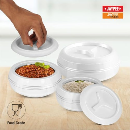 JAYPEE Teen Bhoj Inner Stainless Steel Casserole Set of 3|Lockable Lid|BPA Free|Roti Box|Easy to Carry|Food Grade| Rust Free Casserole for roti 1200,1500,2500 ml| Best for Gifting Purpose,Super White|B078H9VTN2