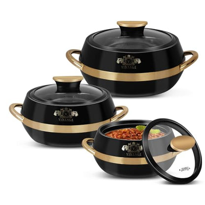 JAYPEE Vintage Inner Stainless Steel Casserole Set of 3 with Lockable Lid |1000+1500+2000 ml |BPA Free Insulated Casserole Set |Food Grade Serving Set |Ideal for Chapati,Warm & Fresh Food,Black|B09QST6FTX