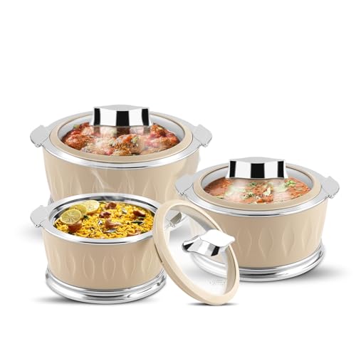 JAYPEE Dazzle Inner Stainless Steel Casserole Set of 3 with Chrome Plated Knob | Lockable Toughened Glass Lid | BPA Free Insulated Casserole Set | Food Grade | Serving Set,1000+1500+2000 ml,Beige|B0CVB7C431