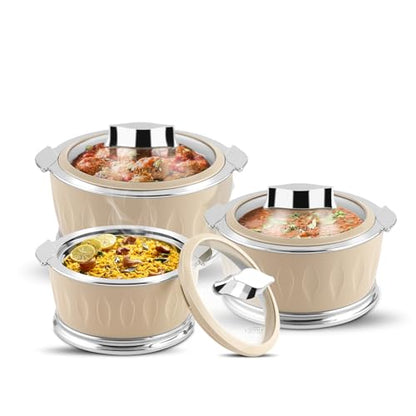 JAYPEE Dazzle Inner Stainless Steel Casserole Set of 3 with Chrome Plated Knob | Lockable Toughened Glass Lid | BPA Free Insulated Casserole Set | Food Grade | Serving Set,1000+1500+2000 ml,Beige|B0CVB7C431
