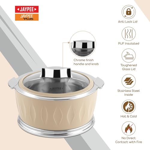 JAYPEE Dazzle Inner Stainless Steel Casserole Set of 3 with Chrome Plated Knob | Lockable Toughened Glass Lid | BPA Free Insulated Casserole Set | Food Grade | Serving Set,1000+1500+2000 ml,Beige|B0CVB7C431
