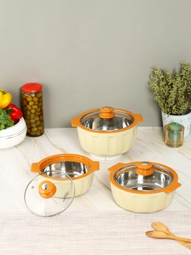 JAYPEE Glamerole Inner Stainless Steel Serving Casserole Set of 3 Toughened Glass Lid PUF Insulated Hot Box |Roti Box| Easy to carry | Food Grade | 800, 1200, 1500 ml, Ivory|B0DDCPPF3T