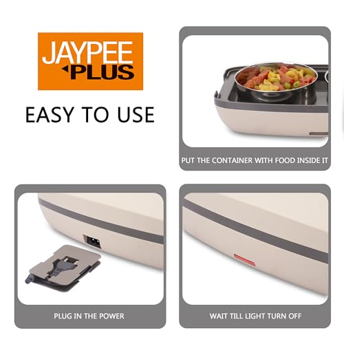 Jaypee Plus Hotpot Electric Lunch Box with 2 Removable Stainless Steel Containers 250 ml x2 with Power Cord |Air Vent on Lid |Leakproof Silicon Seal|LED Indicator |Shockproof | Beige|B0CX8X1BPX