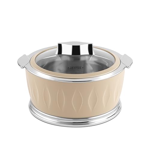 JAYPEE Dazzle Inner Stainless Steel Casserole Set of 3 with Chrome Plated Knob | Lockable Toughened Glass Lid | BPA Free Insulated Casserole Set | Food Grade | Serving Set,1000+1500+2000 ml,Beige|B0CVB7C431
