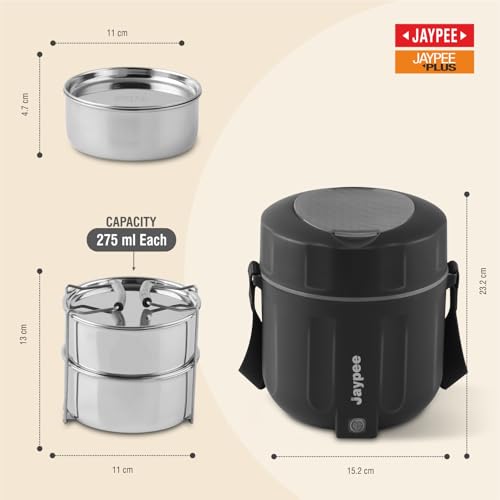 JAYPEE Power Pack Auto Cut Off Electric Lunch Box with 2 Stainless Steel containers 275X2 ml Lunch Box for Office, Travel Easy to Carry Handle Convenience case for Power Cord Food Grade,Black|B0G1N4DQV7