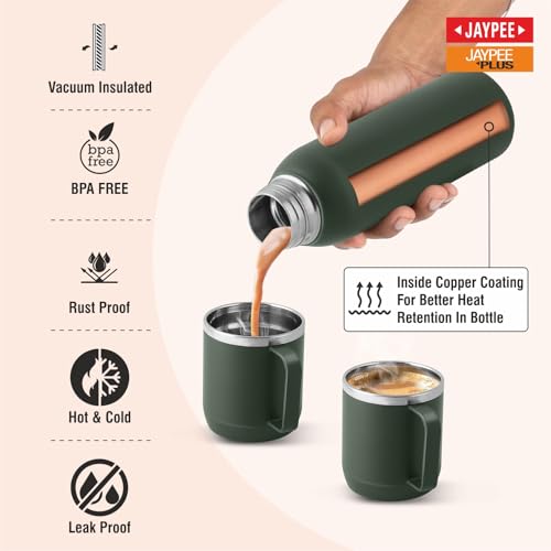 Jaypee Plus Gravitas Insulated Vacuum Stainless Steel Flask with Cup 620 ml Gift Set 2 Drinking Cup 250 ml Spilproof Mug with Non Slip Base & Airtight Lid Diwali Festival Gift Set, Green|B0FTZ527BP