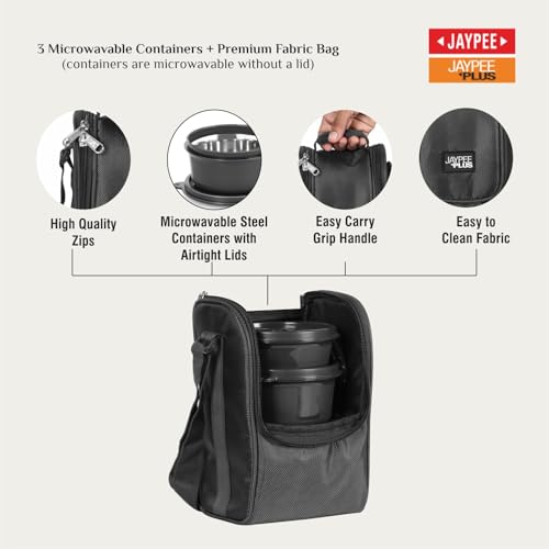Jaypee Plus Homely 1190 ml Stainless Steel Office Lunch Box | BPA Free & Microwave Safe | 3 Spillproof Airtight Containers | Includes Spoon, Fork & Insulated Bag | Ideal for College & School (Black)|B0DDY67NFW