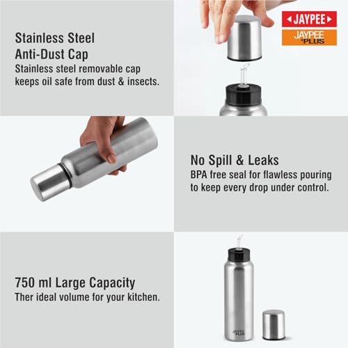 Jaypee Plus EzyPour Stainless Steel Oil Dispenser Bottle with Lid | Loose Cap Oil Bottle Spillproof Pourer & Drizzler| Food Grade Oil can for Kitchen, Silver, Set of 1 | 1000 ml|B0C6LX469X