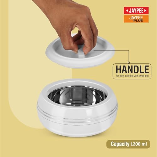 JAYPEE Palazio 1200 Inner Stainless Steel Casserole Pu Insulated Lockable Lid Food Grade Rustproof Hotbox for Kitchen Hot Pot for Rice Stackable Ideal for Gifting Capacity 1200 ml, White|B0FQV2W76J