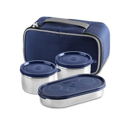 Jaypee Plus Basix Lunch Box for Office 1300 ml 3 Containers (1-450 ml, 2-400 ml) Air Tight Leakproof Stainless Steel Container with Bag | BPA Free | Easy to wash | Ideal for College & School, Blue|B0FSL7SYQD