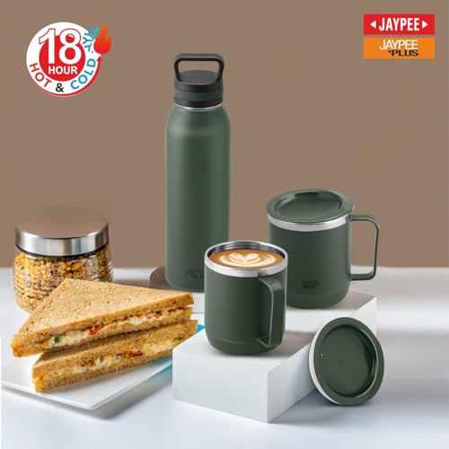 Jaypee Plus Gravitas Insulated Vacuum Stainless Steel Flask with Cup 620 ml Gift Set 2 Drinking Cup 250 ml Spilproof Mug with Non Slip Base & Airtight Lid Diwali Festival Gift Set, Green|B0FTZ527BP