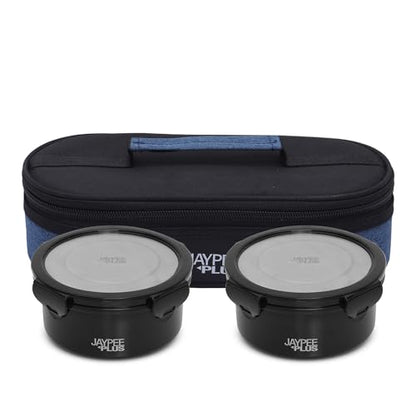 Jaypee Plus Microplus 400 ml Each Stainless Steel Office Lunch Box | BPA Free, Microwave Safe & Spillproof Airtight 2 Containers | Including Insulated Bag | Ideal for College & School (Black)|B0DC4GDX6F
