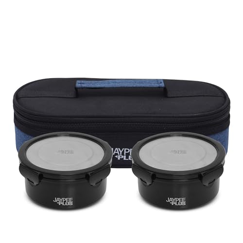 Jaypee Plus Microplus 400 ml Each Stainless Steel Office Lunch Box | BPA Free, Microwave Safe & Spillproof Airtight 2 Containers | Including Insulated Bag | Ideal for College & School (Black)|B0DC4GDX6F