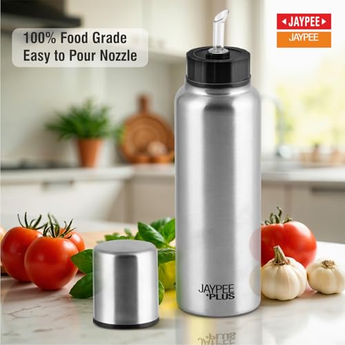 Jaypee Plus EzyPour Stainless Steel Oil Dispenser Bottle with Lid | Loose Cap Oil Bottle Spillproof Pourer & Drizzler| Food Grade Oil can for Kitchen, Silver, Set of 1 | 1000 ml|B0C6LX469X