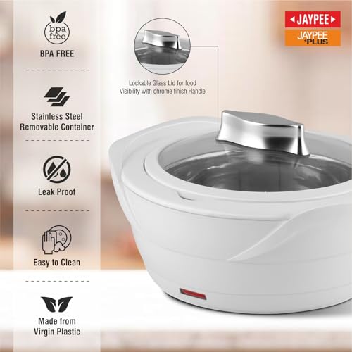 Jaypee Plus Power Serve Inner Stainless Steel Electric Casserole with Glass Lid, 1500 ml, Removable Steel Bowl for Easy Cleaning |Food Grade Serving Set |Ideal For Serving Warm Dish, White|B09MTV2QKB