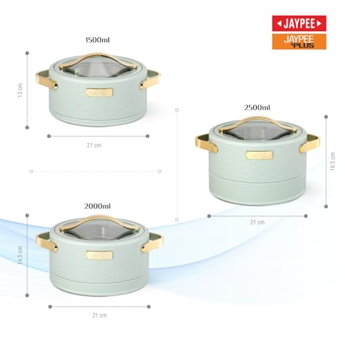 JAYPEE Luxura Klass Set Inner Steel Serving Painted Casserole Set Of 3 Toughened Glass Lid Advanced PU Insulated 100% Food Grade Lockable Hot Box Easy To Keep Roti,Pulao & More|1500,2000,2500 Ml,Green|B0DJ34J5Z5