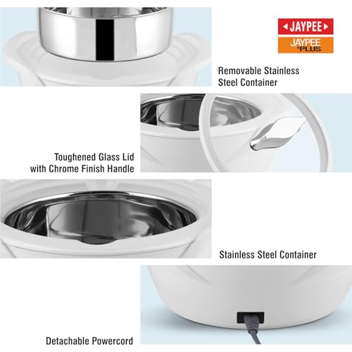 Jaypee Plus Power Serve Inner Stainless Steel Electric Casserole with Glass Lid, 1500 ml, Removable Steel Bowl for Easy Cleaning |Food Grade Serving Set |Ideal For Serving Warm Dish, White|B09MTV2QKB