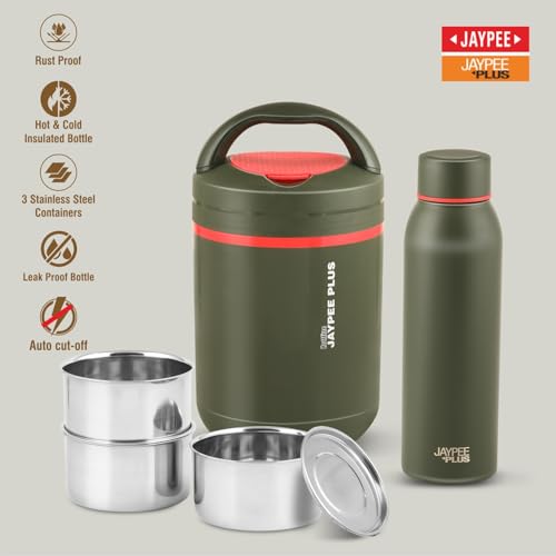 Jaypee Plus Hottspot Electric Lunch Box with 3 Stainless Steel containers 350 ml Each & 650 ml Vaccum Insulated Hot & Cold Water Bottle | Easy to Carry, Pull in & Out | Food Grade,Green|B0DNSZ9JQV