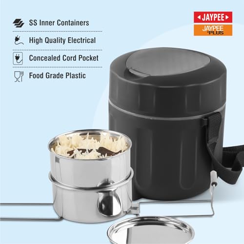 JAYPEE Power Pack Auto Cut Off Electric Lunch Box with 2 Stainless Steel containers 275X2 ml Lunch Box for Office, Travel Easy to Carry Handle Convenience case for Power Cord Food Grade,Black|B0G1N4DQV7