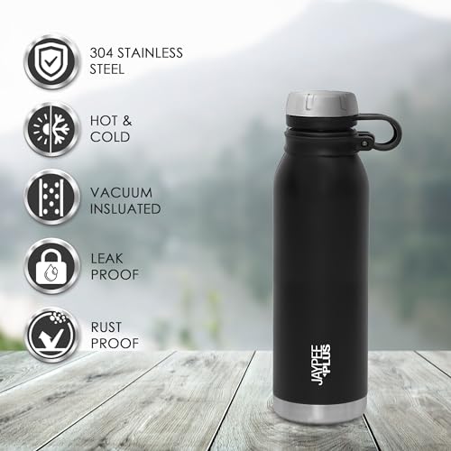 Jaypee Plus Charlie Stainless Steel Water Bottle,Long Hours Hot and Cold Water Bottle| Leak Proof | Office Bottle | Gym Bottle | Hiking | Trekking | Travel Bottle 750 ml, Black|B0CV5R59PR