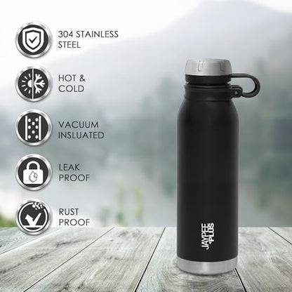 Jaypee Plus Charlie Stainless Steel Water Bottle,Long Hours Hot and Cold Water Bottle| Leak Proof | Office Bottle | Gym Bottle | Hiking | Trekking | Travel Bottle 750 ml, Black|B0CV5R59PR