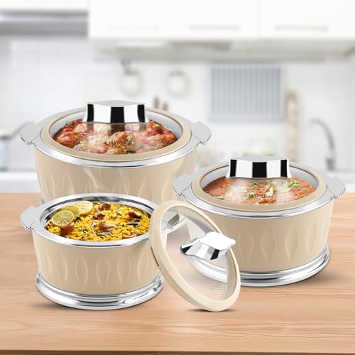 JAYPEE Dazzle Inner Stainless Steel Casserole Set of 3 with Chrome Plated Knob | Lockable Toughened Glass Lid | BPA Free Insulated Casserole Set | Food Grade | Serving Set,1000+1500+2000 ml,Beige|B0CVB7C431