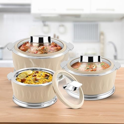 JAYPEE Dazzle Inner Stainless Steel Casserole Set of 3 with Chrome Plated Knob | Lockable Toughened Glass Lid | BPA Free Insulated Casserole Set | Food Grade | Serving Set,1000+1500+2000 ml,Beige|B0CVB7C431