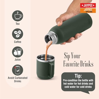 Jaypee Plus Gravitas Insulated Vacuum Stainless Steel Flask with Cup 620 ml Gift Set 2 Drinking Cup 250 ml Spilproof Mug with Non Slip Base & Airtight Lid Diwali Festival Gift Set, Green|B0FTZ527BP