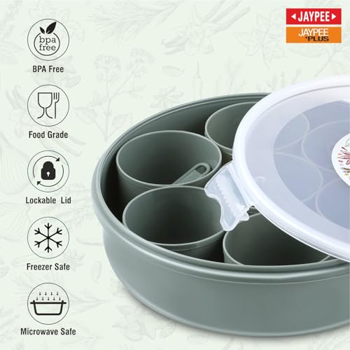 JAYPEE Aroma Spice Box with 7 plastic Container & Spoon |Masala Dani For Kitchen|Spice Organiser With See Through Lid |Masala Dabba Organizer |Lockable Lid |Food Grade, (1.6 Ltr), Green|B0F2GB19DY