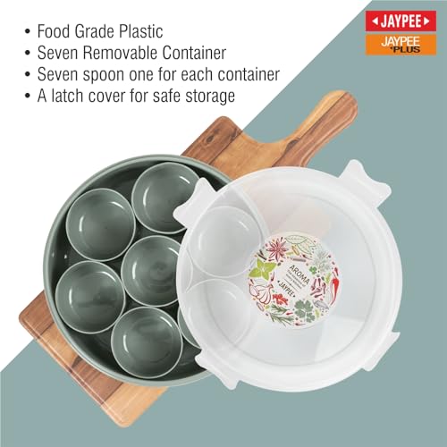 JAYPEE Aroma Spice Box with 7 plastic Container & Spoon |Masala Dani For Kitchen|Spice Organiser With See Through Lid |Masala Dabba Organizer |Lockable Lid |Food Grade, (1.6 Ltr), Green|B0F2GB19DY