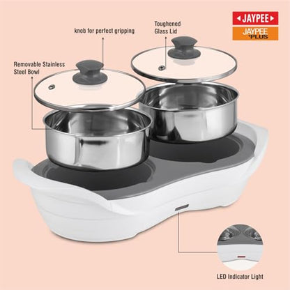 Jaypee Plus 1150 ml +1150 ml Stainless Steel Electric Casserole Set | Shockproof, Rustproof | 2 in 1 Electric Bowl for Food Warmer & Buffet Server - (White)|B0837PKWCK