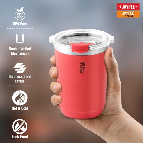 Jaypee Plus Myn Stainless Steel Insulated Coffee Mug Hot & Cold Spillproof Handy Sipper Travel Mug Suitable for Car, Tumbler Bottle, Vacuum Insulation Tea Cup, Matte Finish Non Slip, 300 ml, Red|B0G2XRH7P2