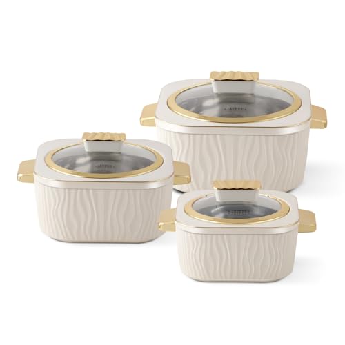 JAYPEE Crinkle Klass Inner Stainless Steel Casserole Set of 3(1000+1500+2000) ml PUF Insulated Gold Finish Handle Lockable Lid BPA Free Hot Box for Kitchen Roti Box Hot Pot Serving Casserole,White