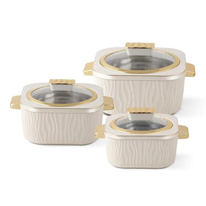 JAYPEE Crinkle Klass Inner Stainless Steel Casserole Set of 3(1000+1500+2000) ml PUF Insulated Gold Finish Handle Lockable Lid BPA Free Hot Box for Kitchen Roti Box Hot Pot Serving Casserole,White