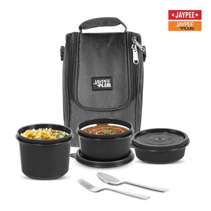 Jaypee Plus Homely 1190 ml Stainless Steel Office Lunch Box | BPA Free & Microwave Safe | 3 Spillproof Airtight Containers | Includes Spoon, Fork & Insulated Bag | Ideal for College & School (Black)|B0DDY67NFW