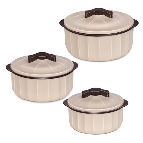 JAYPEE Micro Smart Inner Stainless Steel Serving Casserole Set of 3 (1000,1500,2000 ml) with Stylish Design |Microwave Safe |Lockable Lid |Hot Pot |BPA free, Swiss Coffee|B0F4DQZM4Z