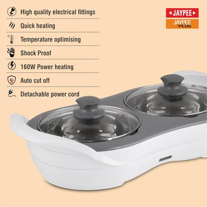 Jaypee Plus 1150 ml +1150 ml Stainless Steel Electric Casserole Set | Shockproof, Rustproof | 2 in 1 Electric Bowl for Food Warmer & Buffet Server - (White)|B0837PKWCK