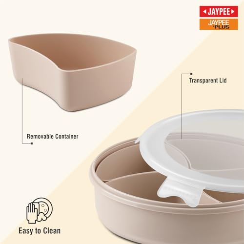JAYPEE Sapor Plastic Airtight Serving Dry Fruit Container Set of 4-1600 ml with Round Box Removable Container Leakproof with Silicon Seal Transparent Dry Food Box Diwali Gift Pack, Beige|B0G2YHHPS5